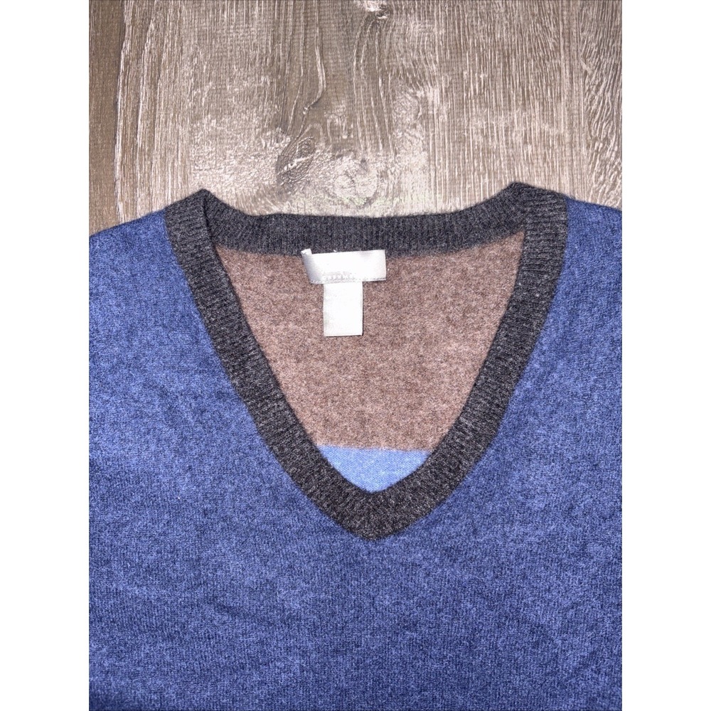 Neiman Marcus Cashmere Sweater Mens X-Large Blue Gray Green V-Neck Colorblock - Picture 2 of 12